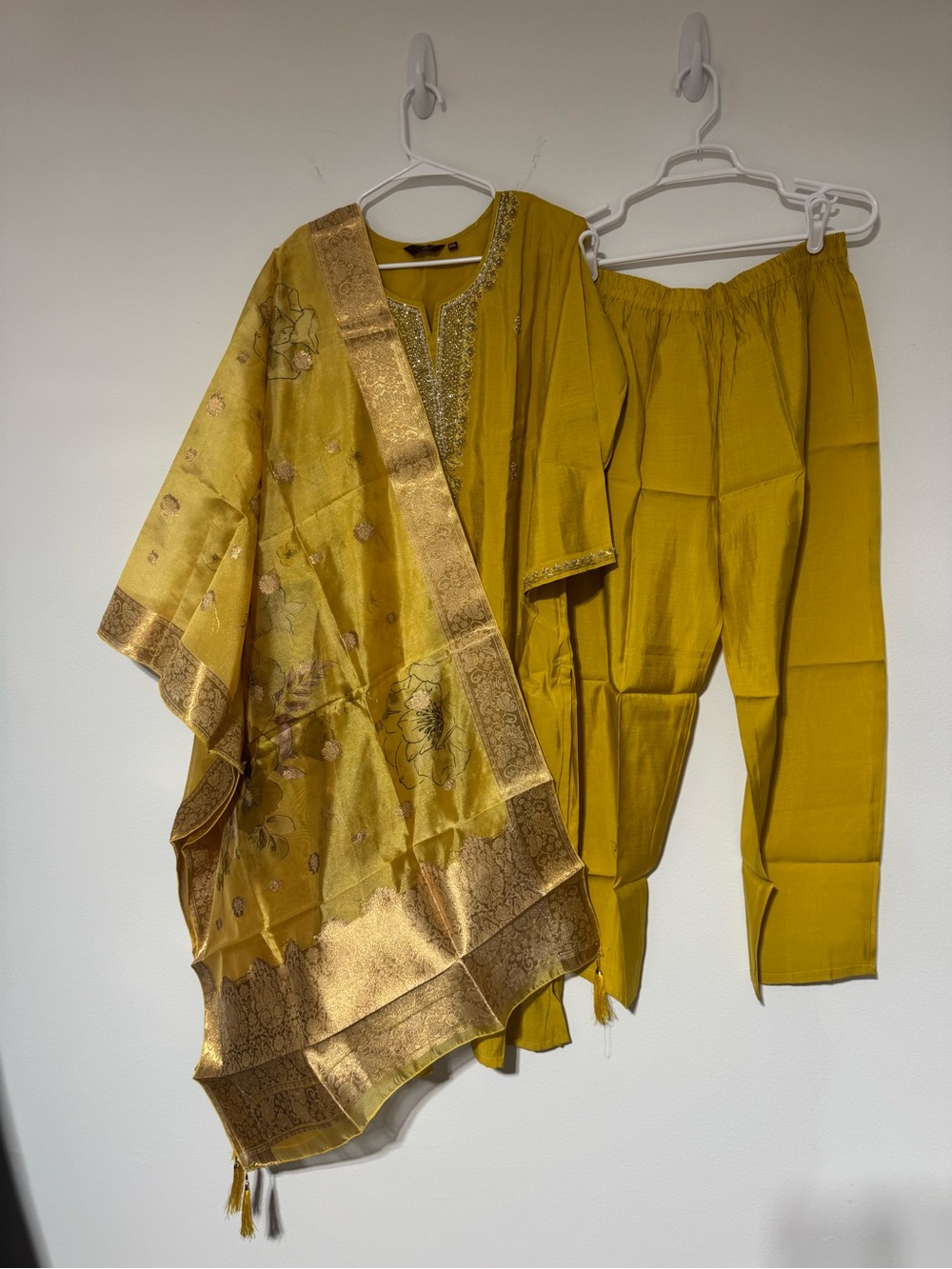 Mustard Yellow Women's Traditional Pantsuit with Embroidered Dupatta